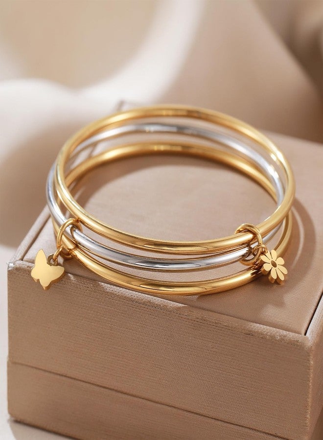 DS Gold Bangles for Women 18K Gold Plated Stainless Steel Tarnish-Resistant Stackable Wire Bracelets-Trendy Two Tone Mixed Metal Charm Jewelry with Butterfly,Pearl & Daisies Stack Gift for Christmas (2 gold-1 sliver, 7.5 inch) - Image 4