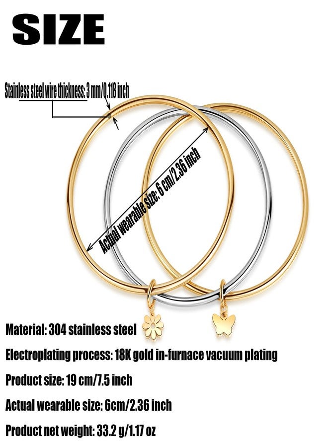 DS Gold Bangles for Women 18K Gold Plated Stainless Steel Tarnish-Resistant Stackable Wire Bracelets-Trendy Two Tone Mixed Metal Charm Jewelry with Butterfly,Pearl & Daisies Stack Gift for Christmas (2 gold-1 sliver, 7.5 inch) - Image 2