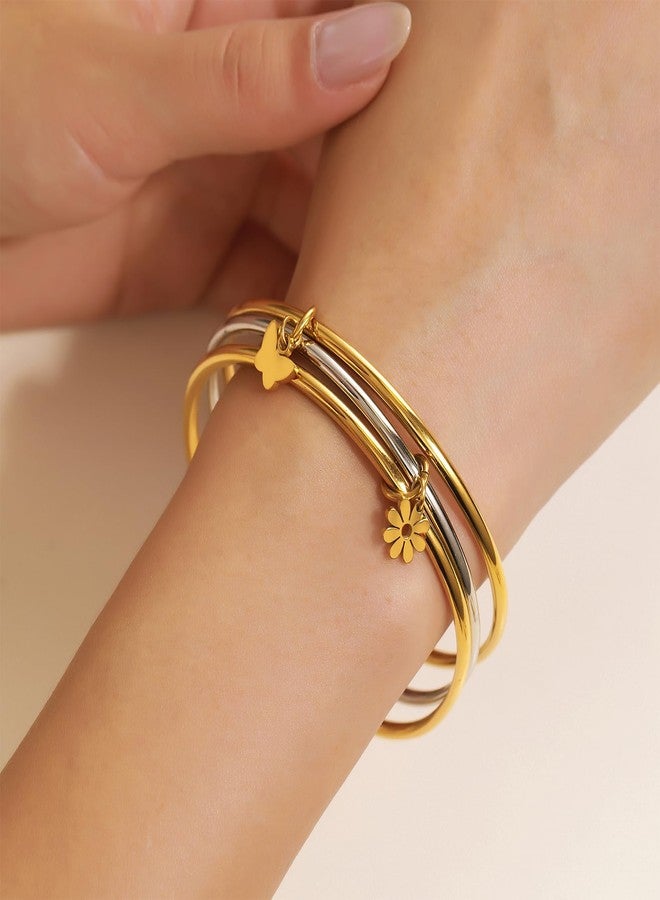 DS Gold Bangles for Women 18K Gold Plated Stainless Steel Tarnish-Resistant Stackable Wire Bracelets-Trendy Two Tone Mixed Metal Charm Jewelry with Butterfly,Pearl & Daisies Stack Gift for Christmas (2 gold-1 sliver, 7.5 inch) - Image 5