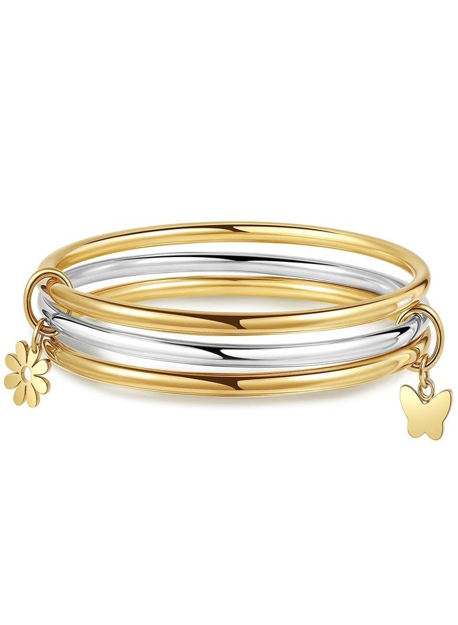 DS Gold Bangles for Women 18K Gold Plated Stainless Steel Tarnish-Resistant Stackable Wire Bracelets-Trendy Two Tone Mixed Metal Charm Jewelry with Butterfly,Pearl & Daisies Stack Gift for Christmas (2 gold-1 sliver, 7.5 inch) - Image 1