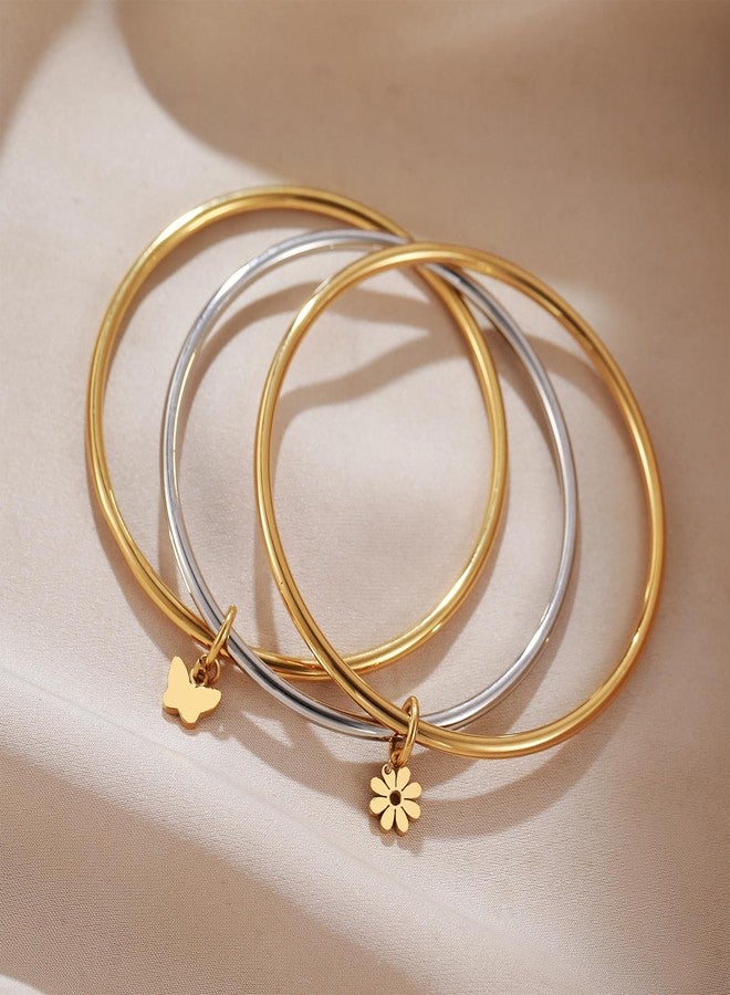 DS Gold Bangles for Women 18K Gold Plated Stainless Steel Tarnish-Resistant Stackable Wire Bracelets-Trendy Two Tone Mixed Metal Charm Jewelry with Butterfly,Pearl & Daisies Stack Gift for Christmas (2 gold-1 sliver, 7.5 inch) - Image 3