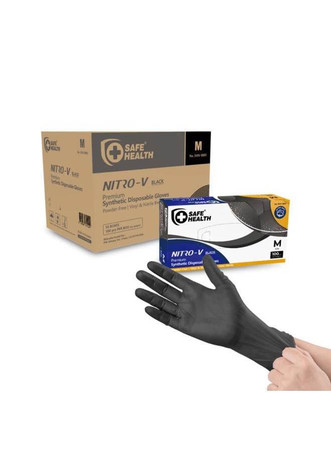 SAFE HEALTH NITRO-V Nitrile-Vinyl Synthetic Black Disposable Gloves, Latex Free, Powder Free, Case of 1000, Medium, Tattoo, Salon, Hair Studio, Food, Service, Housework - Image 1