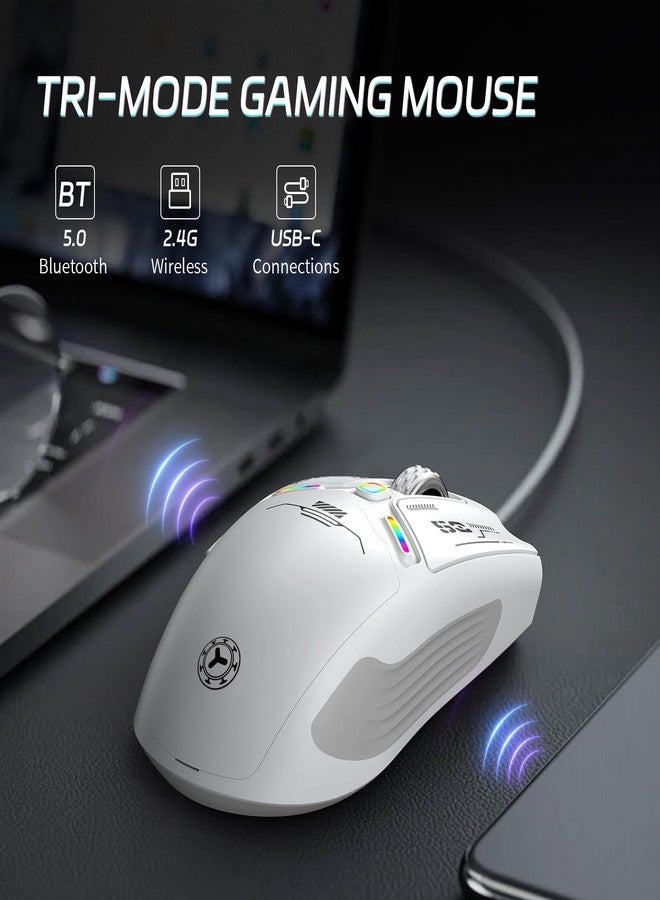 TENMOS M530 Wireless Gaming Mouse, 2.4G/Bluetooth/USB C Wired Rechargeable Mouse, 12000 DPI, RGB, 6 Programmable Buttons, Honeycomb Magnetic Cover, with Receiver Extender for Laptop/PC/Mac, White - Image 3