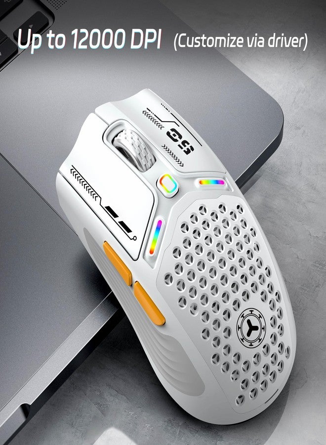 TENMOS M530 Wireless Gaming Mouse, 2.4G/Bluetooth/USB C Wired Rechargeable Mouse, 12000 DPI, RGB, 6 Programmable Buttons, Honeycomb Magnetic Cover, with Receiver Extender for Laptop/PC/Mac, White - Image 2