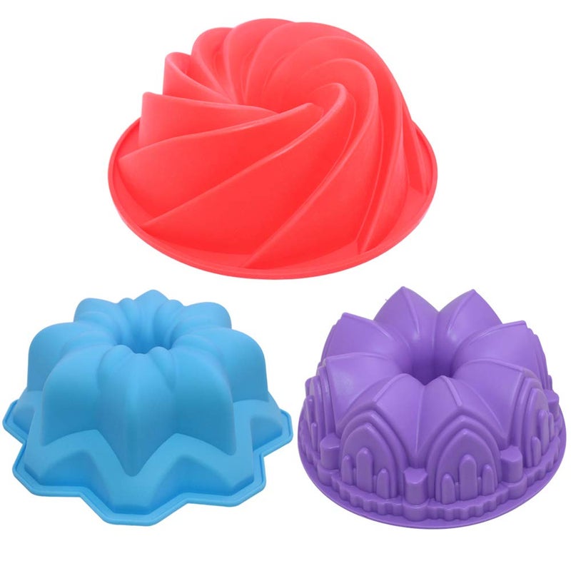 AIFUDA 3 Pcs Silicone Cake Bread Baking Molds Large Swirl Castle and Double Flower Shapes for Birthday Party DIY