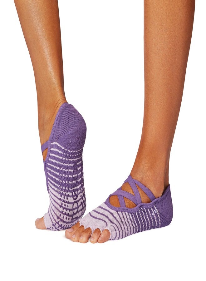 toesox Elle Half Toe Grip Socks - Non-Slip Grip Sole for Yoga, Pilates, Gym - Non Skid Open Toe Socks for Women - Grape Stripe, Small - Image 1