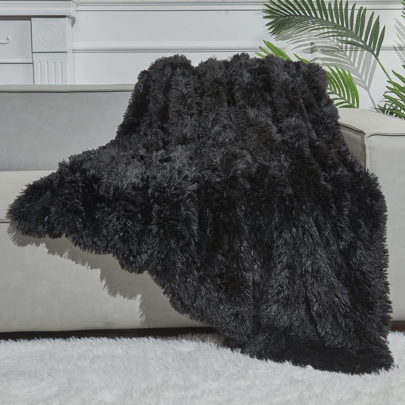 GONAAP Fuzzy Faux Fur Throw Blanket Black Super Soft Cozy Plush Fuzzy Shaggy Blanket for Couch Sofa Bed Black Throw50x60