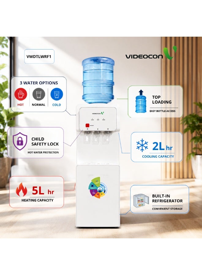 Videocon Top Loading Water Dispenser with Refrigerator | Hot, Cold & Normal Water | Compressor Cooling Technology | Child Safety Lock | 5L/hr Heating & 2L/hr Cooling -VWDTLWRF1 - Image 1