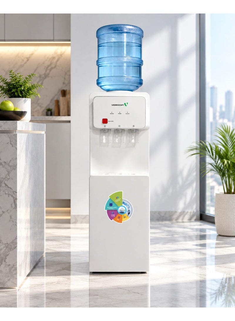 Videocon Top Loading Water Dispenser with Refrigerator | Hot, Cold & Normal Water | Compressor Cooling Technology | Child Safety Lock | 5L/hr Heating & 2L/hr Cooling -VWDTLWRF1 - Image 1