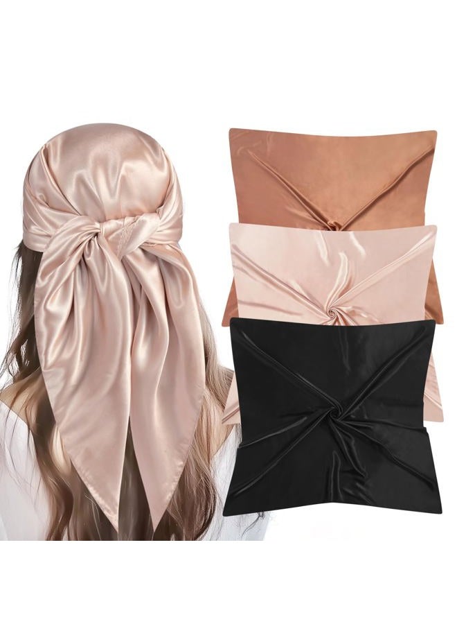 VBAEI 35” Large Square Satin Head Scarf - 3Pcs Silk Like Head Scarves Silk Bandana Satin Hair Scarf Head Wraps For Women, Brown,camel,black, 35 inches square - Image 1