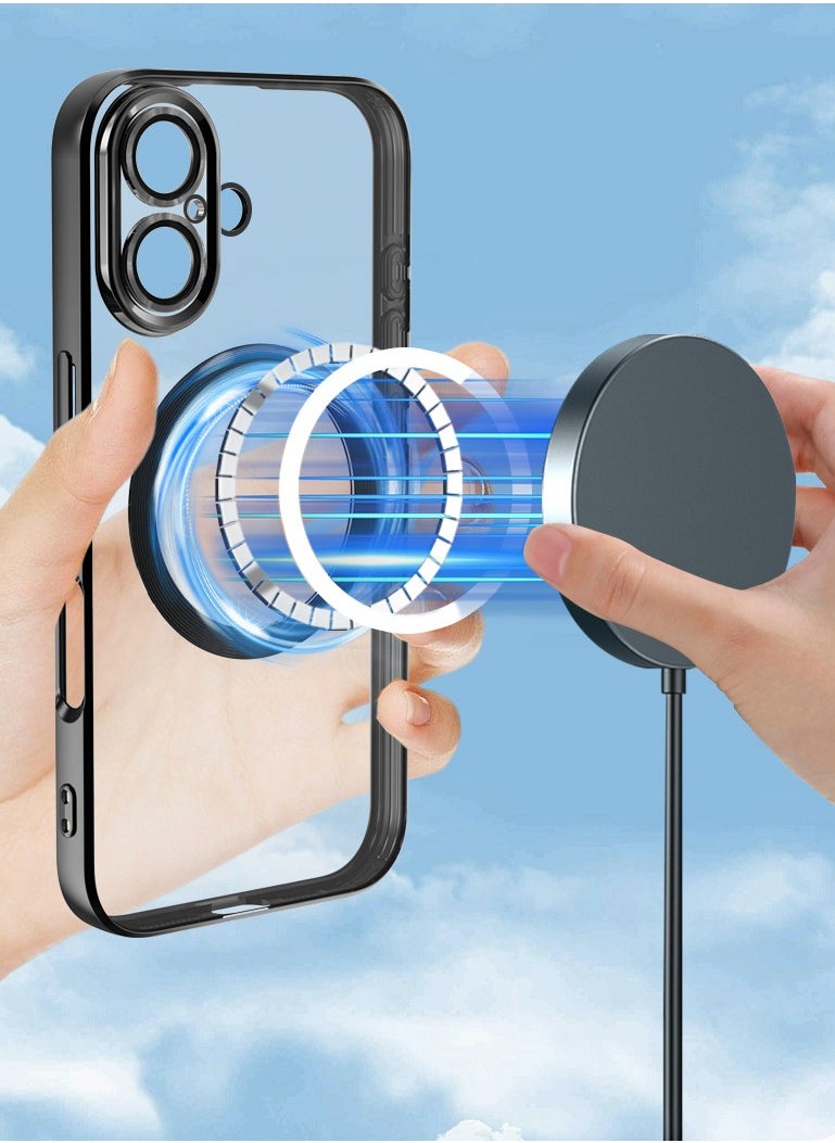 Magnetic Case for IPhone 16 Support Magsafe Wireless Charger Anti Scratch Shockproof Clear Four Corner Cushion Anti Dropping Full Body Protection All Inclusive Lens Protection Cover Blue