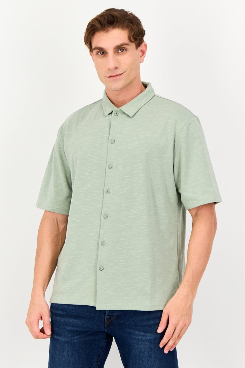 Core Elements Men Regular Fit Chambray Short Sleeves Casual Shirt, Sage Green - Image 1