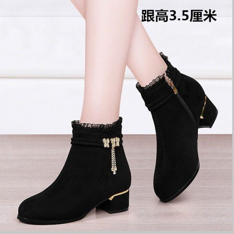 Thickened Fleece-Lined Boots 2023 Mid Heel Thick Heel Half Barrel Cotton Boots Non-Slip Soft Bottom Short Boots Snow Boots - Image 1