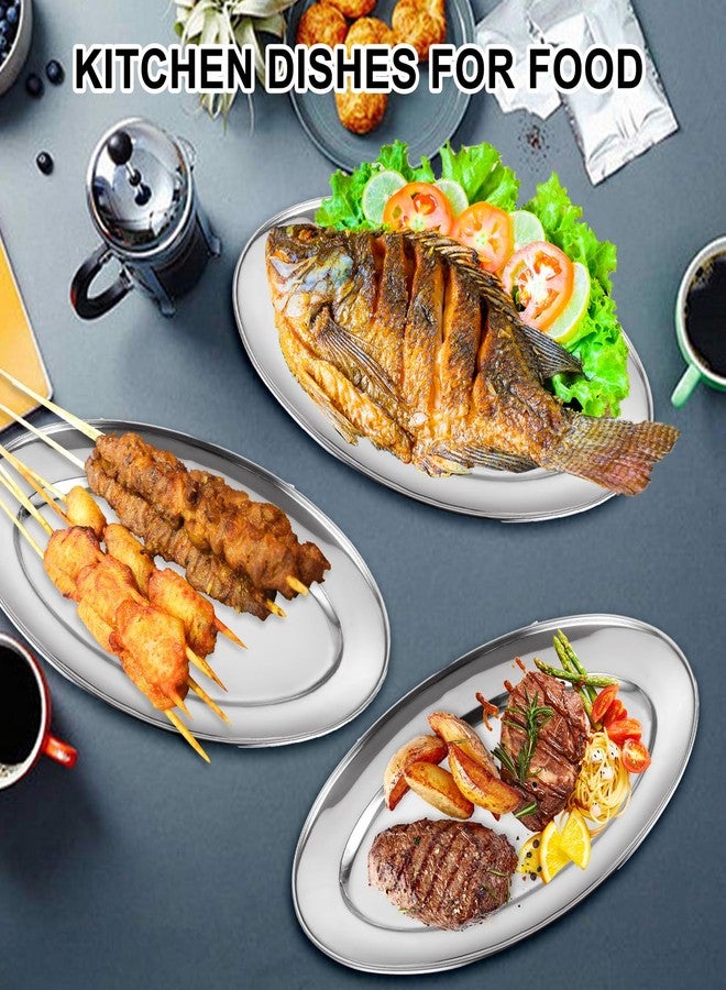 AKOLAFE 8PCS Large Stainless Steel Sizzle Platter Food Serving Trays for Party Buffet Oval Serving Platter Set Decorative Silver Plates Metal Tray Long Sizzler Plates for Sushi Appetizer Table Dish - Image 5