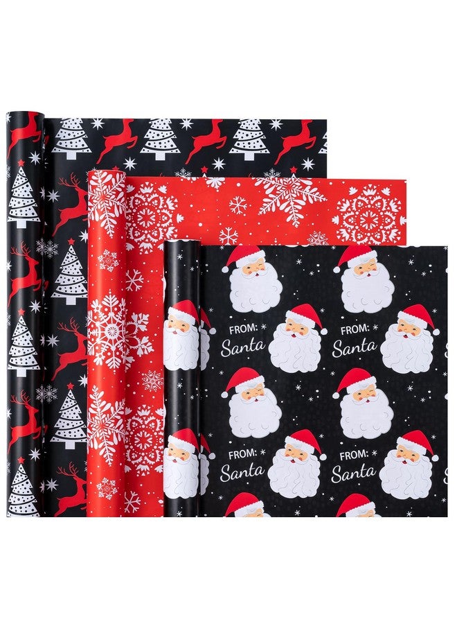 WRAPAHOLIC Christmas Wrapping Paper Roll - Mini Roll - 3 Rolls - 17 Inch X 120 Inch Per Roll - Black Jolly Santa Claus, Snowflake, Reindeer And Christmas Tree Holiday Collection - Image 1