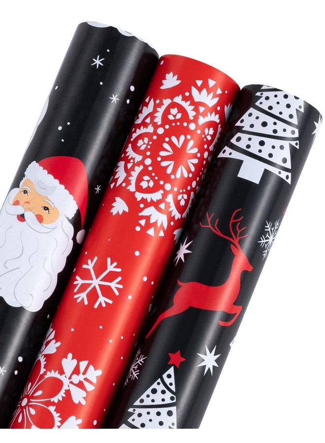 WRAPAHOLIC Christmas Wrapping Paper Roll - Mini Roll - 3 Rolls - 17 Inch X 120 Inch Per Roll - Black Jolly Santa Claus, Snowflake, Reindeer And Christmas Tree Holiday Collection - Image 2