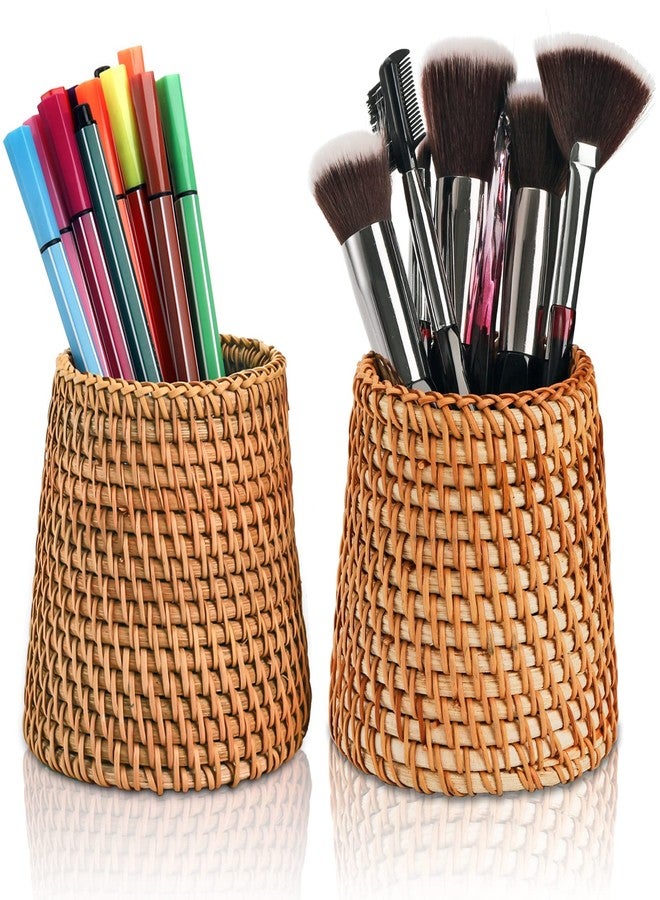 Elsjoy Set of 2 Wicker Pencil Holder, Natural Rattan Pen Cup Woven Makeup Brush Holder, Rustic Utensil Caddy Wicker Pen Organizer for Home Decor, Office, Kitchen - Image 1