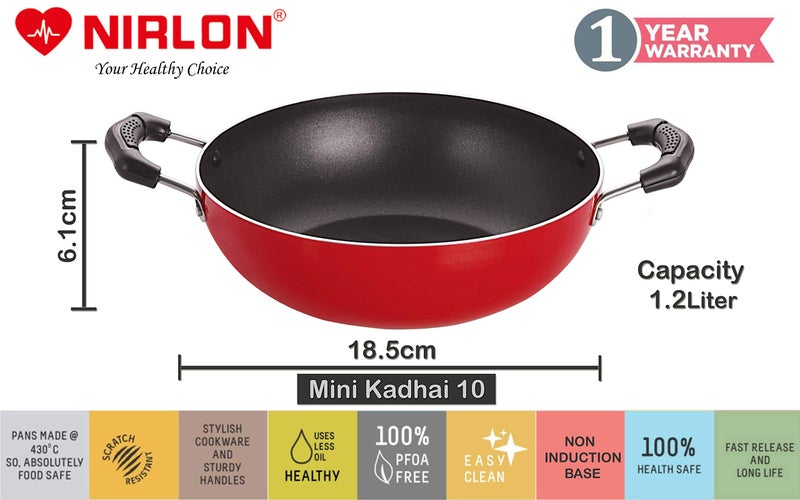 Nirlon Cooking Non-Stick Gas Stove Compatible Bottom deep Fry kadhai 18.5cm - 1.2 LTR[3_mm_KD10] (Aluminium, Red) - Image 5