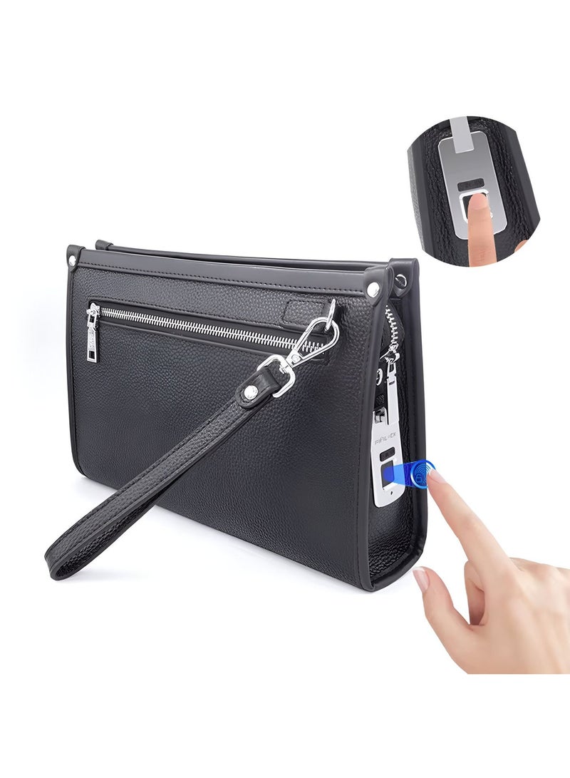 Wtech Leather Fingerprint Lock Bag for Men And Women Hand Bag Male Long Money Wallets Mobile Phone Pouch Smart Lock System Clutch Bag - Black - Image 1