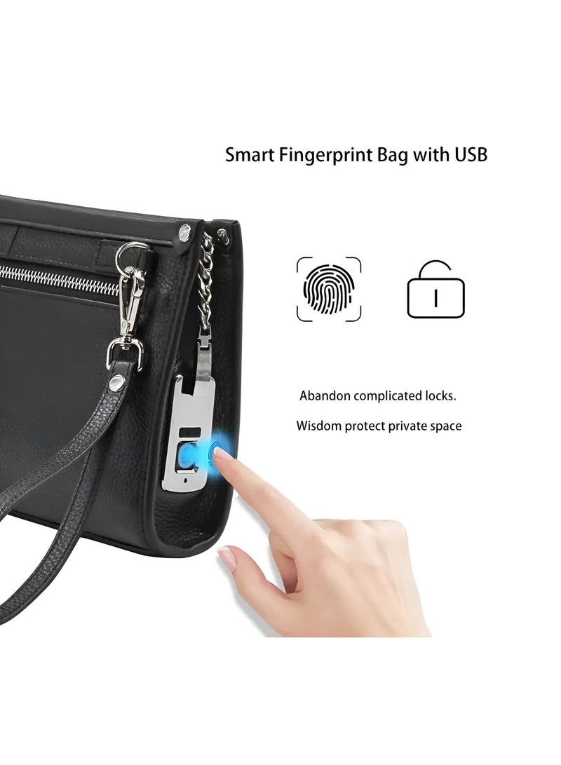 Wtech Leather Fingerprint Lock Bag for Men And Women Hand Bag Male Long Money Wallets Mobile Phone Pouch Smart Lock System Clutch Bag - Black - Image 2