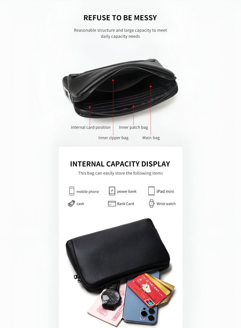 Wtech Leather Fingerprint Lock Bag for Men And Women Hand Bag Male Long Money Wallets Mobile Phone Pouch Smart Lock System Clutch Bag - Black - Image 5