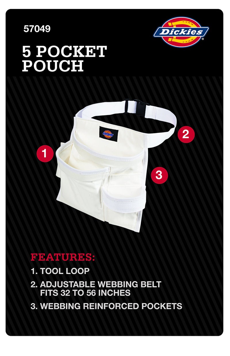 Dickies 5-Pocket Single Side Tool Belt Pouch/Work Apron for Painters, Carpenters, and Builders, Durable Canvas Construction, Adjustable Belt for Custom Fit White - Image 5