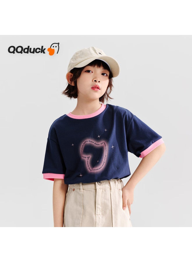 Qq Duck Girls' T-Shirt Short Sleeve Children'S Summer Wear Sweet Heart Top Youth Clothing Shining Stars Deep Blue; 140