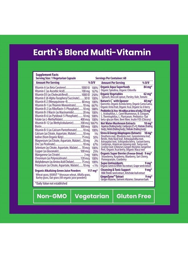 Earth's Blend, ORAC Energy Greens, Multivitamin, Contains No Iron, Contains Vitamins A,B,C,D,K2, 60 Vegetarian Capsules