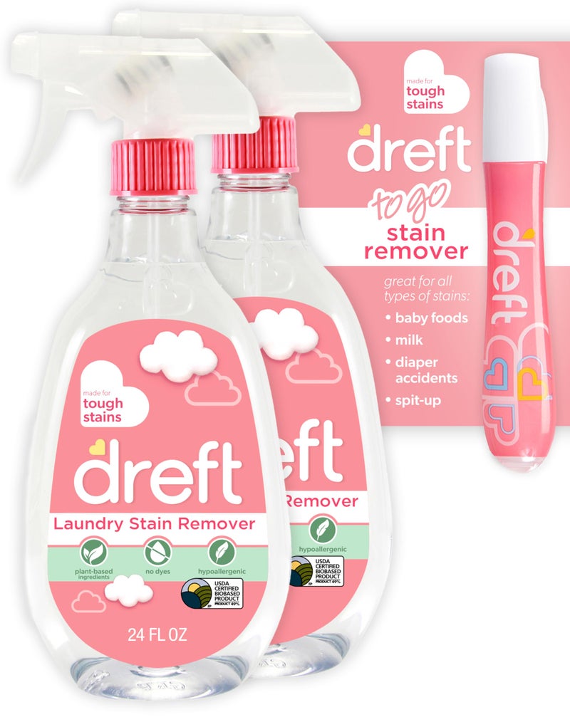 Dreft Stain Remover for Baby Clothes and Hypoallergenic Baby Stain Remover Spray Plus Travel Size Stain Treater Pen 24 Fl Oz Pack of 2 Stain Pen