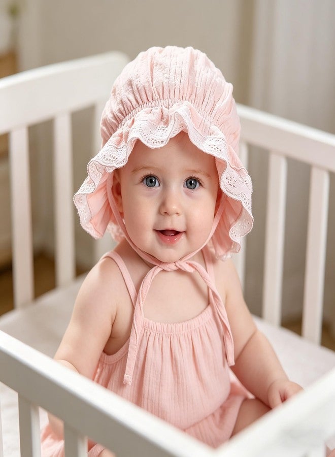 CaySep Baby Girl Boy Lace Cotton Bonnet – Soft Warm Cap Breathable Eyelet Beanie Sun Protection Hat for Newborn Infant Toddler Pink - Image 3