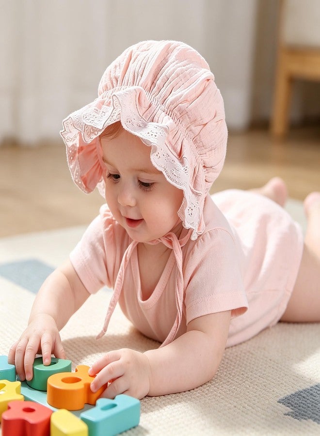 CaySep Baby Girl Boy Lace Cotton Bonnet – Soft Warm Cap Breathable Eyelet Beanie Sun Protection Hat for Newborn Infant Toddler Pink - Image 4