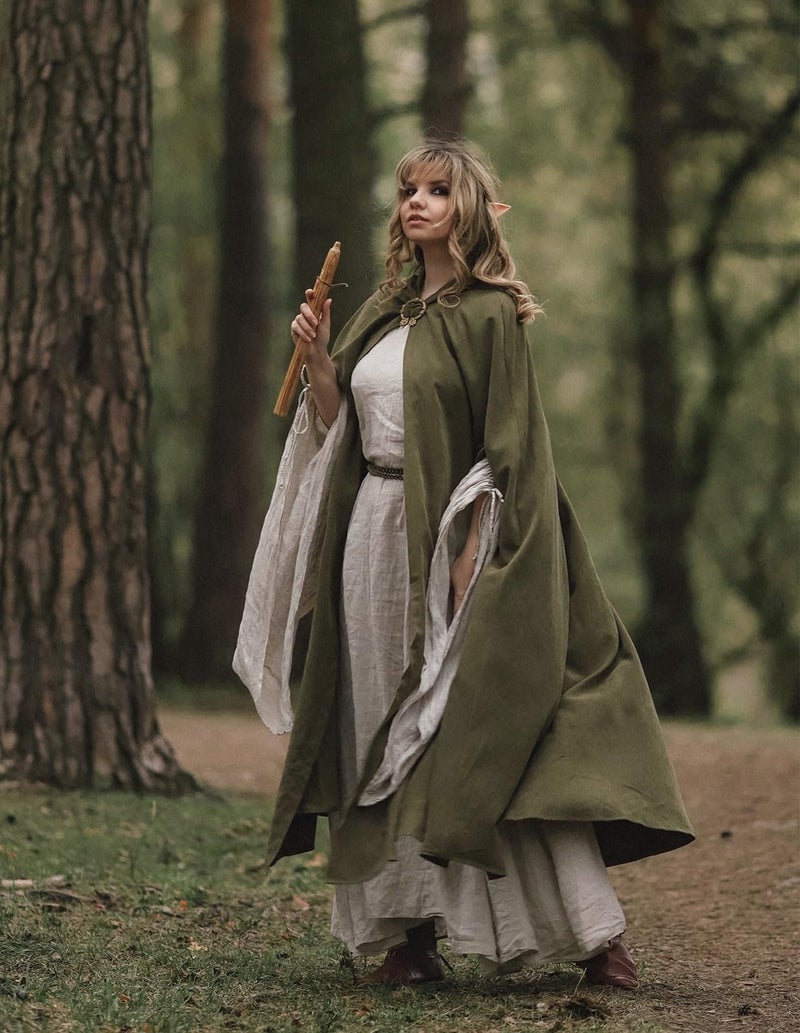Scarlet Darkness Women Renaissance Hooded Cape Medieval Cloak Hobbit Halloween Costume Olive Green - Image 3