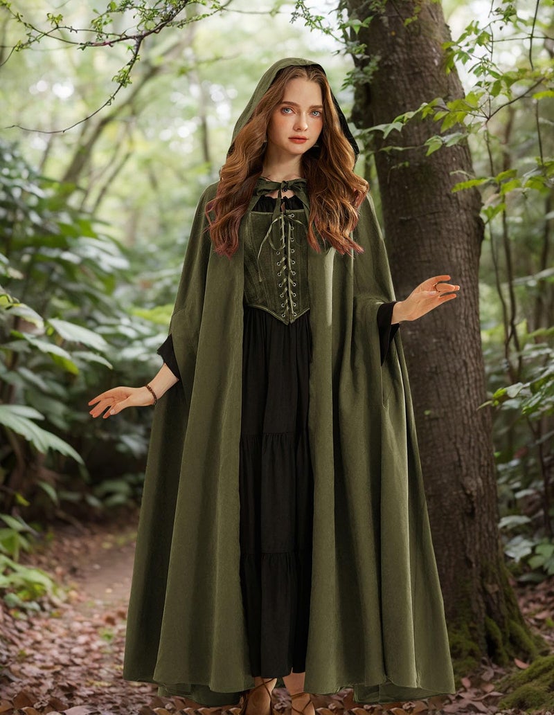 Scarlet Darkness Women Renaissance Hooded Cape Medieval Cloak Hobbit Halloween Costume Olive Green - Image 5