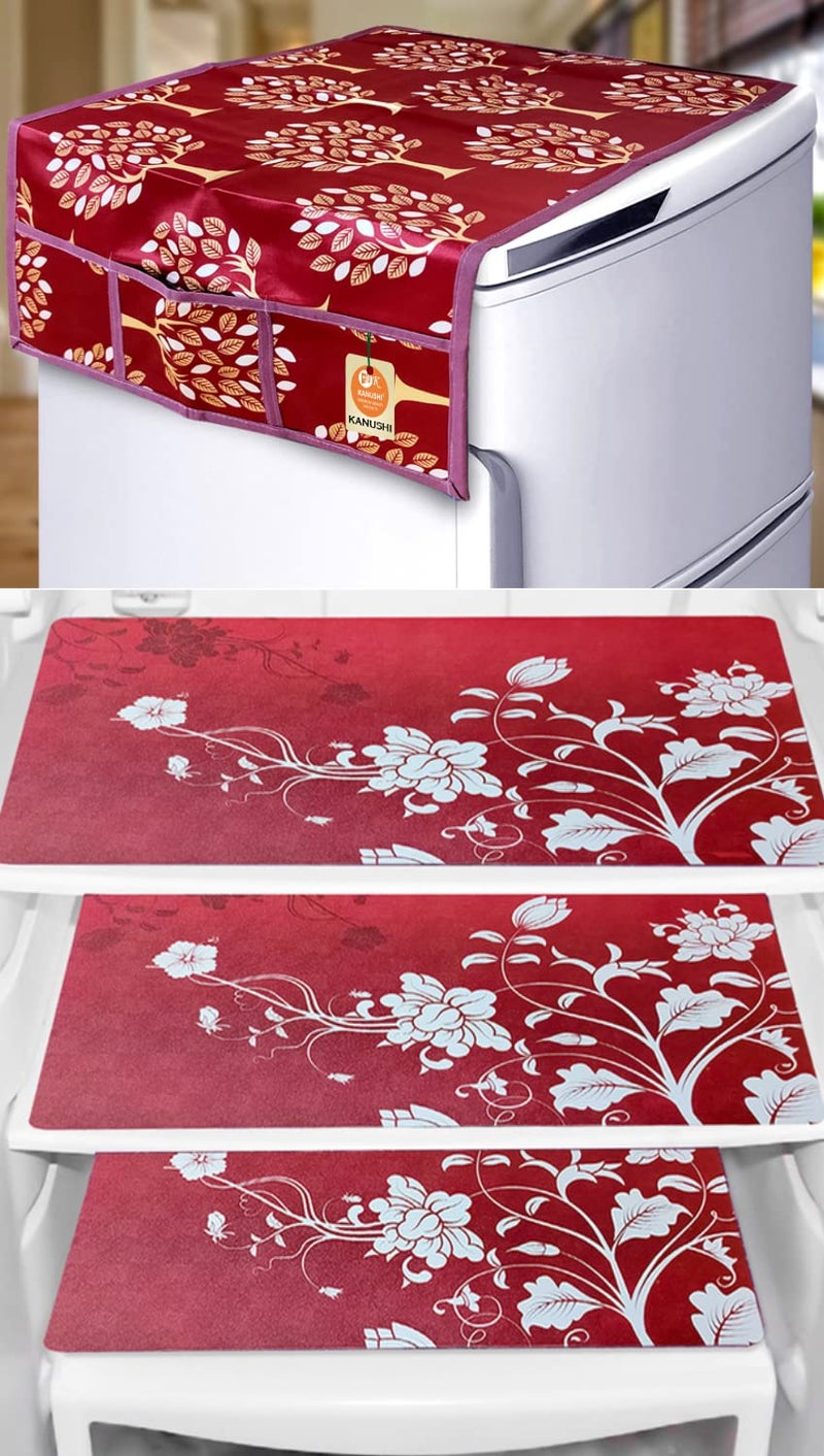 KANUSHI Industries® 1 Pc Fridge Cover for Top with 6 Utility Pockets + 3 Fridge Mats (FRI-MAROON-TREE+M-25) - Image 1