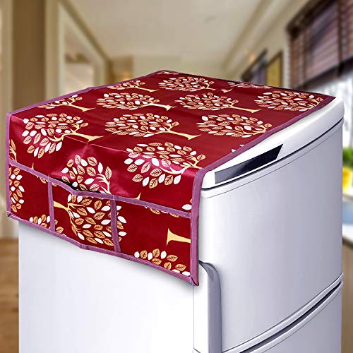 KANUSHI Industries® 1 Pc Fridge Cover for Top with 6 Utility Pockets + 3 Fridge Mats (FRI-MAROON-TREE+M-25) - Image 2