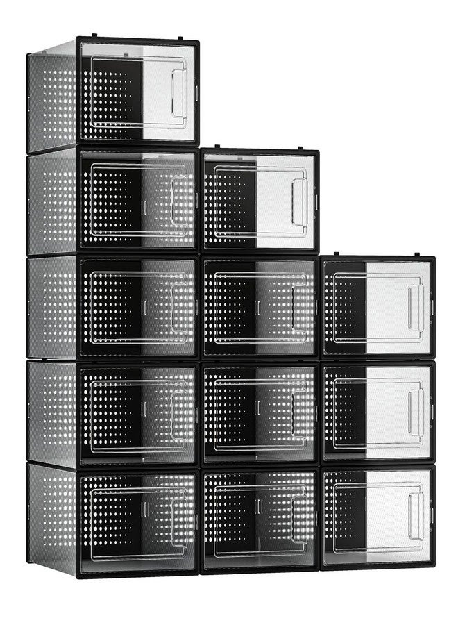 Seseno 12 Pack Shoe Storage Bins, Clear Plastic Stackable Shoe Organizer for Closet, Space Saving Foldable Shoe Rack, Shoe Box Sneaker Holder Container, Black Frame - Image 2
