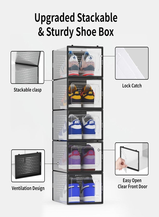 Seseno 12 Pack Shoe Storage Bins, Clear Plastic Stackable Shoe Organizer for Closet, Space Saving Foldable Shoe Rack, Shoe Box Sneaker Holder Container, Black Frame - Image 5