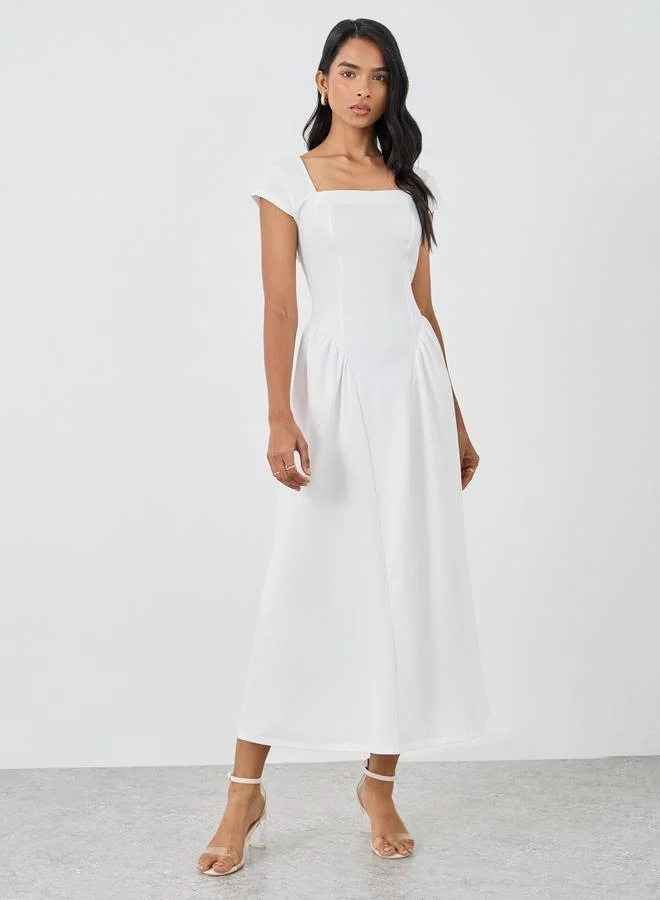 Take Two Take Two Solid Square Neck Short Sleeve Midi Dress