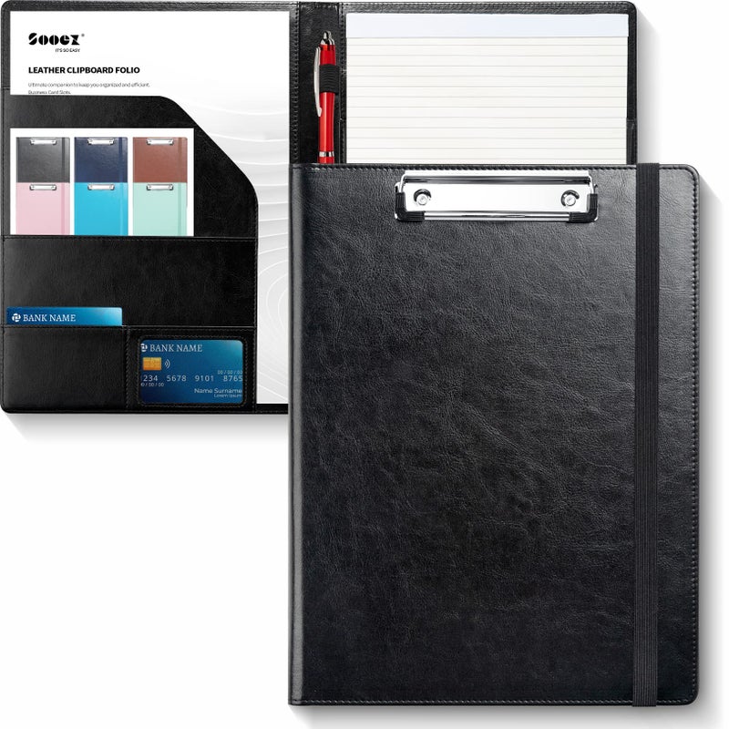 Sooez Premium PU Leather Padfolio Clipboard with Notepad, Letter Size, Black - Image 1