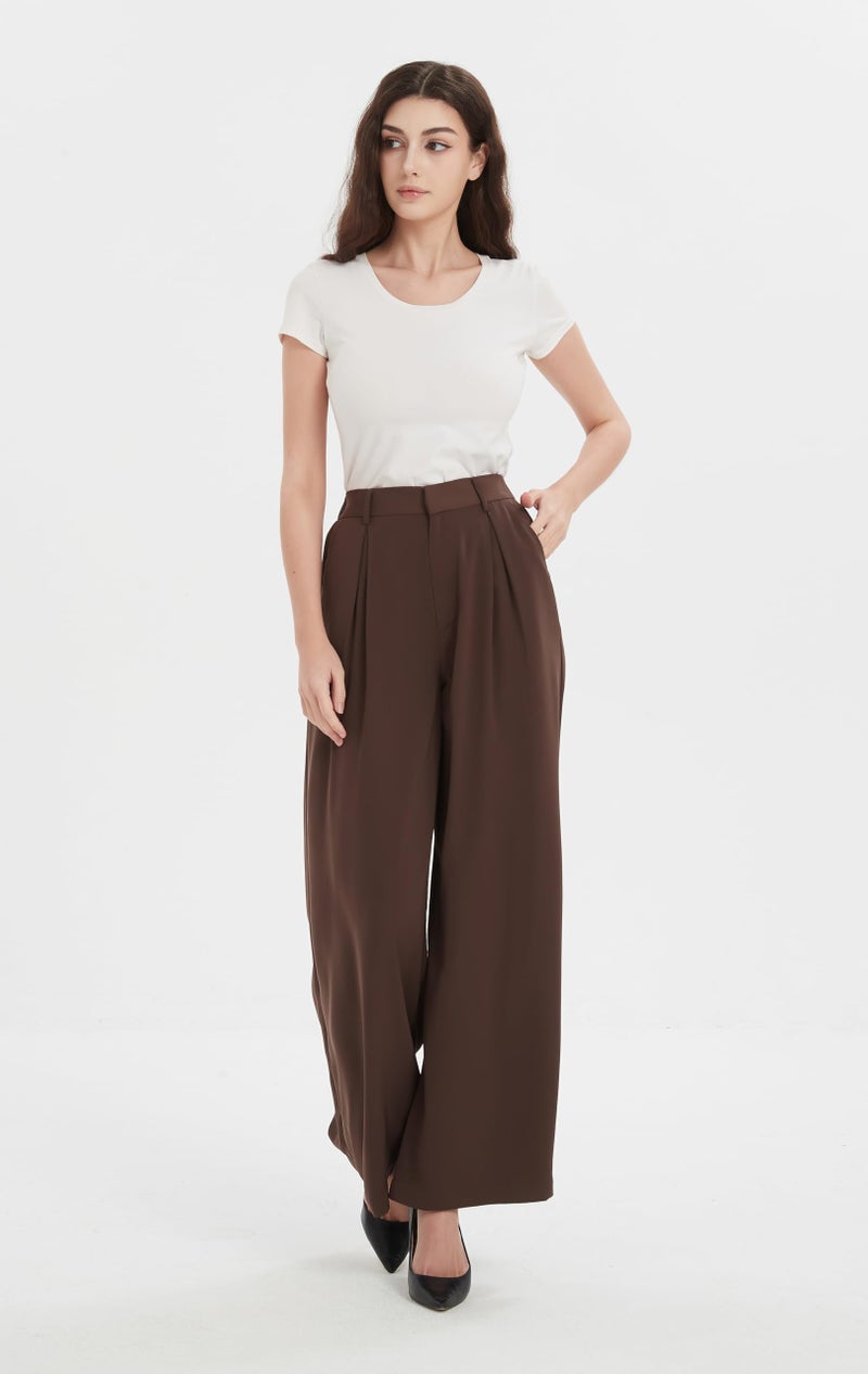 Tronjori Women High Waist Casual Wide Leg Long Palazzo Work Dress Pants Business Trousers Regular Size(S, Chocolate) - Image 3
