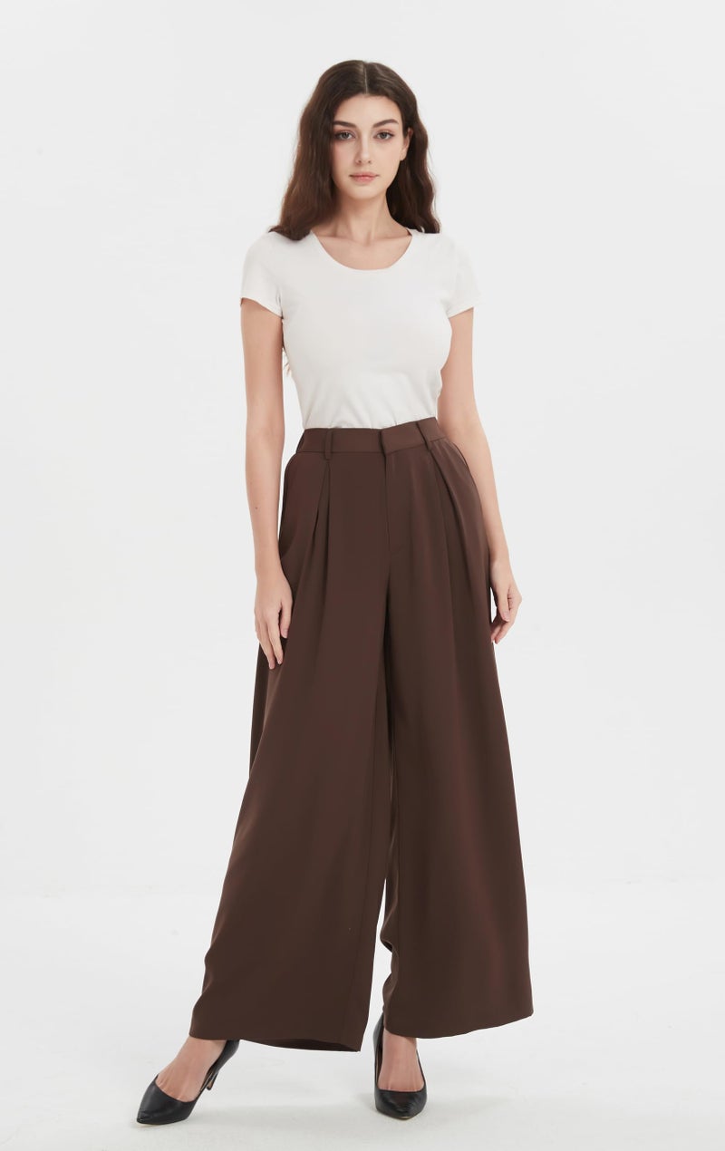Tronjori Women High Waist Casual Wide Leg Long Palazzo Work Dress Pants Business Trousers Regular Size(S, Chocolate) - Image 2