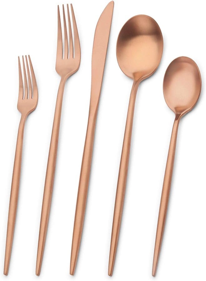 JUVIW 5-Piece Stainless Steel Silverware Set, Attractive Matte Finished Flatware Set, Serving for 1, Classic Cutlery Set for Home/Restaurant, Includes Dessert Spoons Forks - Rose - Image 2