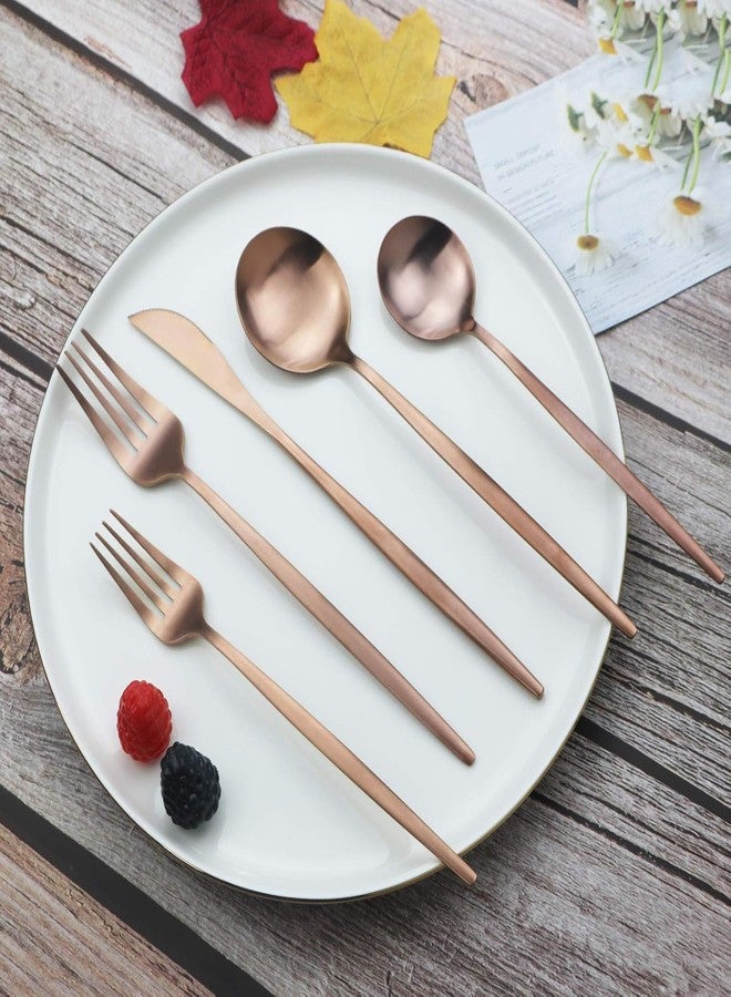 JUVIW 5-Piece Stainless Steel Silverware Set, Attractive Matte Finished Flatware Set, Serving for 1, Classic Cutlery Set for Home/Restaurant, Includes Dessert Spoons Forks - Rose - Image 1