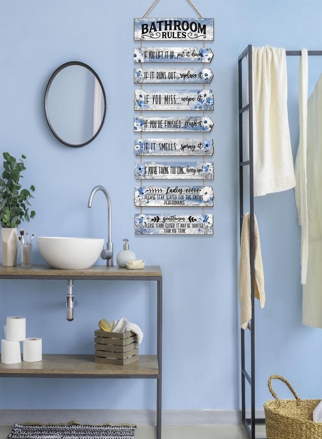 PEKCARGO Bathroom Wall Decor Funny Bathroom Signs Bathroom Rules Pictures Wall Art Decor Rustic Farmhouse Toilet Decor Wooden Sign (Blue Daisy) - Image 4
