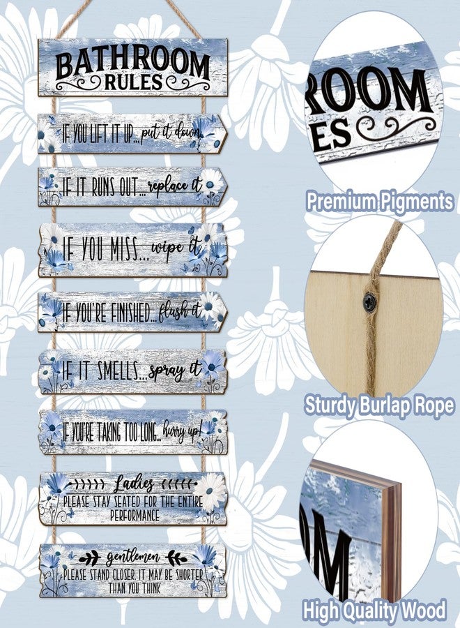 PEKCARGO Bathroom Wall Decor Funny Bathroom Signs Bathroom Rules Pictures Wall Art Decor Rustic Farmhouse Toilet Decor Wooden Sign (Blue Daisy) - Image 3