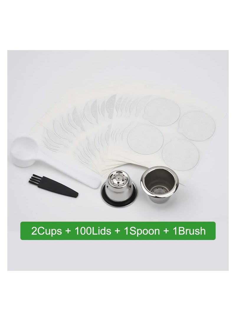 SOLARAE كبسولات إسبريسو قابلة لإعادة الاستخدام من الفولاذ المقاوم للصدأ مع أغطية من رقائق الألمنيوم - متوافقة مع آلات نسبرسو الأصلية (2 كوب + 100 غطاء) لصنع القهوة الصديقة للبيئة. - Image 2