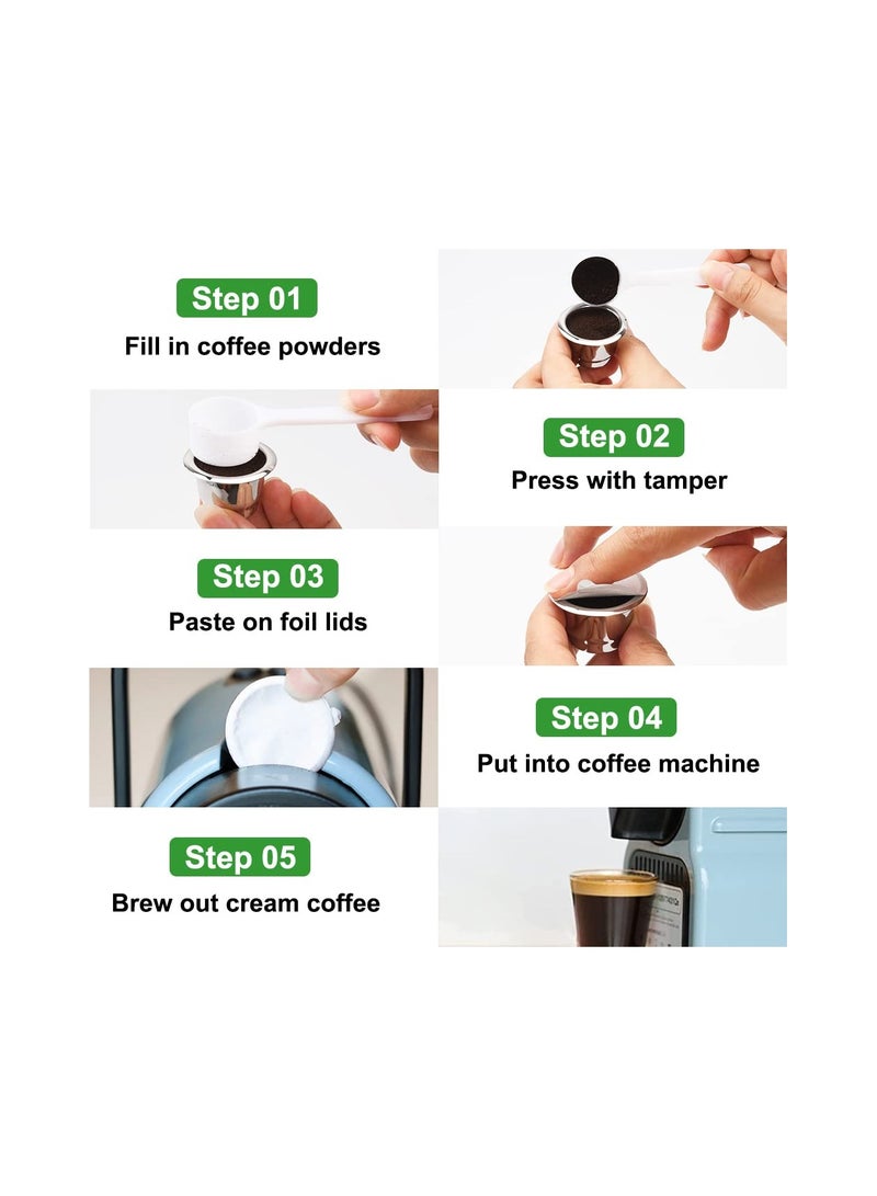 SOLARAE كبسولات إسبريسو قابلة لإعادة الاستخدام من الفولاذ المقاوم للصدأ مع أغطية من رقائق الألمنيوم - متوافقة مع آلات نسبرسو الأصلية (2 كوب + 100 غطاء) لصنع القهوة الصديقة للبيئة. - Image 3