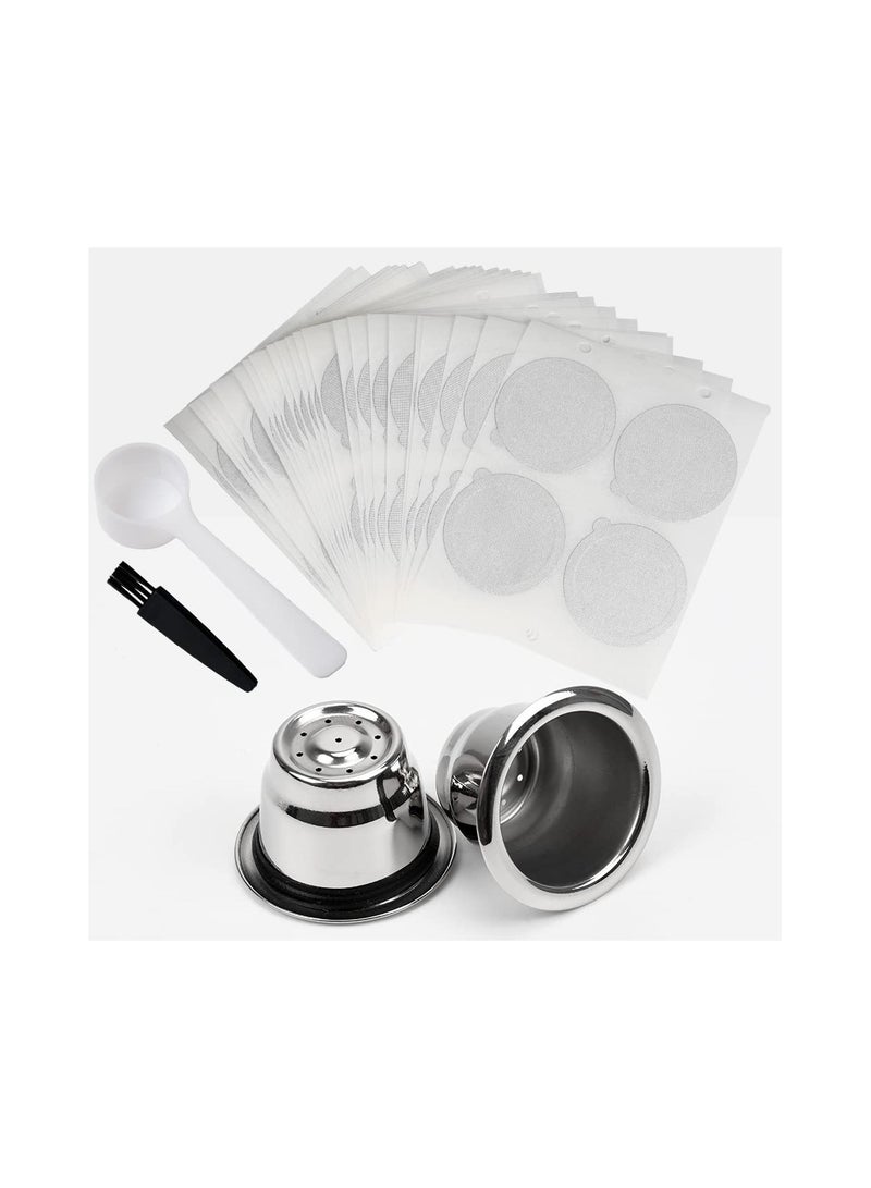 SOLARAE كبسولات إسبريسو قابلة لإعادة الاستخدام من الفولاذ المقاوم للصدأ مع أغطية من رقائق الألمنيوم - متوافقة مع آلات نسبرسو الأصلية (2 كوب + 100 غطاء) لصنع القهوة الصديقة للبيئة. - Image 1