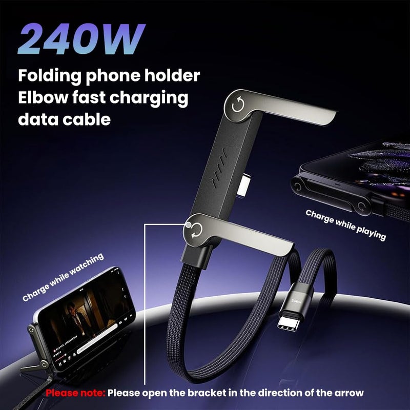 ELEPHANTBOAT® PD 240W TYPE C Charging Cable 6.6ft Flat Nylon Webbing Fast Charging Cable, Angled TYPE C Connector Design with Integrated Mini Folding Phone Stand - Image 2