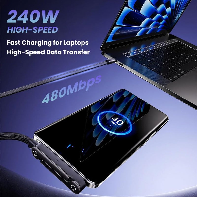 ELEPHANTBOAT® PD 240W TYPE C Charging Cable 6.6ft Flat Nylon Webbing Fast Charging Cable, Angled TYPE C Connector Design with Integrated Mini Folding Phone Stand - Image 5